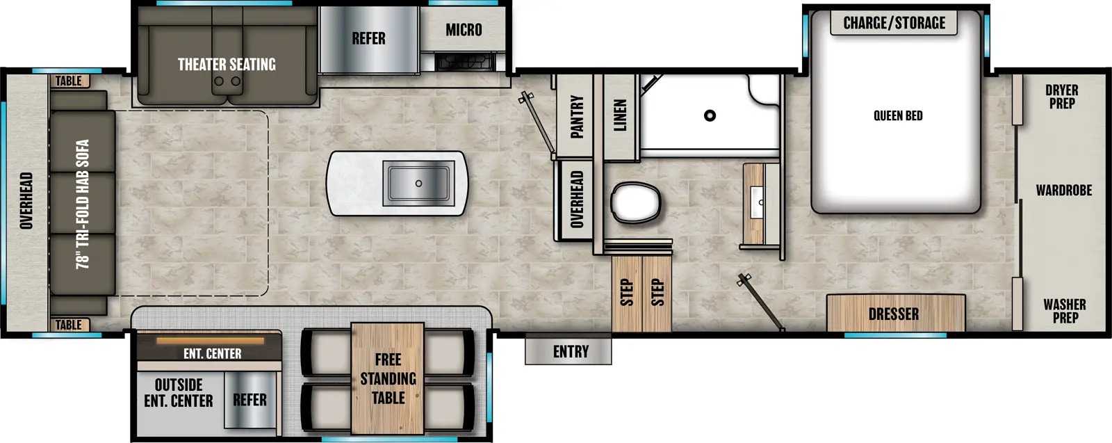 The Phoenix 298RLS floorplan has one entry and three slide outs. Exterior features include: fiberglass exterior, 15' awning,  outside entertainment and outside kitchen. Interiors features include: kitchen island, free-standing dinette option, front bedroom and rear living.